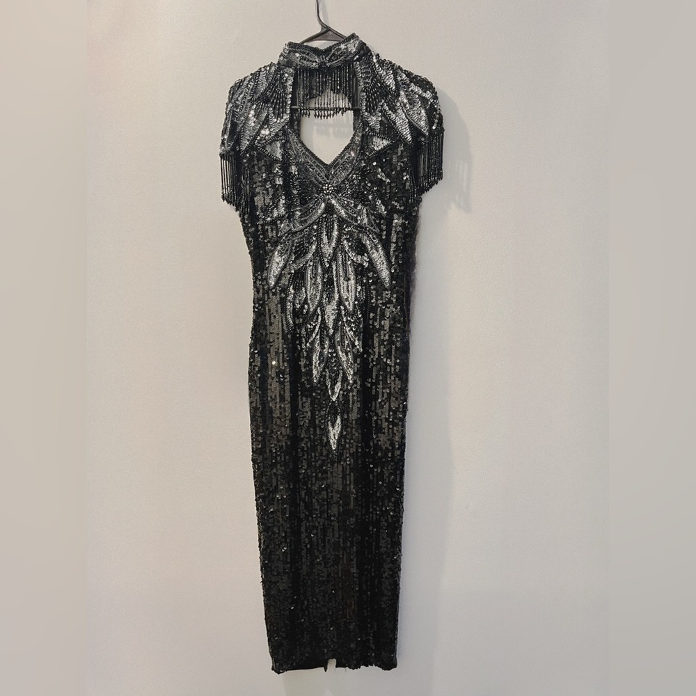 Vintage Nite Line Black & Silver Sequin Art Deco Dress (Size 8)